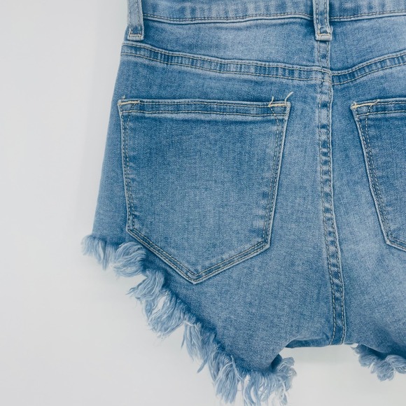 KanCan Distressed Denim Micro Shorts Frayed Hem Blue Size 0 Y2K Style Mini - Picture 6 of 8
